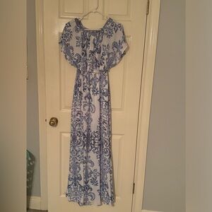 Show Me Your Mumu Hacienda maxi dress blue white paisley off the shoulder